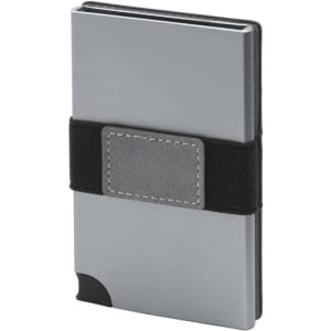 A grey vegan RFID wallet with a black elastic band and a small logo.