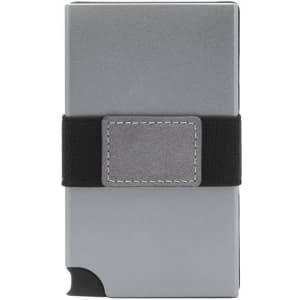 A silver vegan RFID wallet featuring a black elastic band and a simple logo on the front.