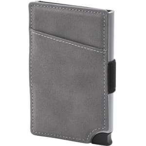 A grey vegan RFID wallet with a sleek design and a card slot on the front. It features an elastic band for closure.