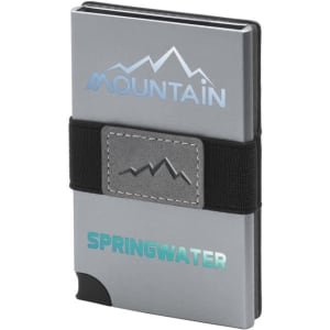 A silver vegan RFID wallet featuring a black elastic band and a logo, designed with a sleek, minimalist style.
