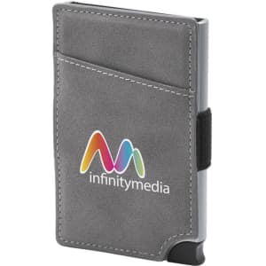 A grey vegan RFID wallet with a sleek design and an attached elastic band, featuring a logo on the front.