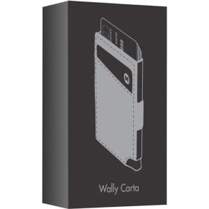 A grey vegan RFID wallet in a sleek box with a logo, designed for cards and compact storage.