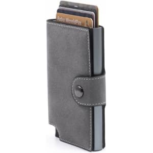 A grey vegan RFID wallet with a button closure and visible card slots. It features a sleek design.