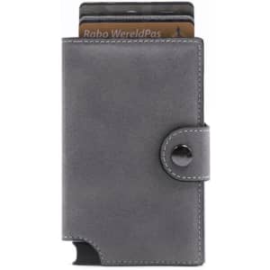 A grey vegan leather wallet with a button closure and several cards partially visible. It features a branding logo.