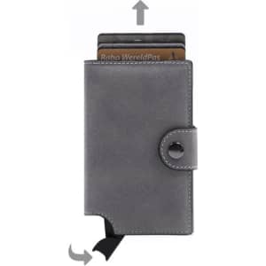 A grey vegan wallet with a secure clasp, featuring slots for cards visible at the top and a pull tab on the side.
