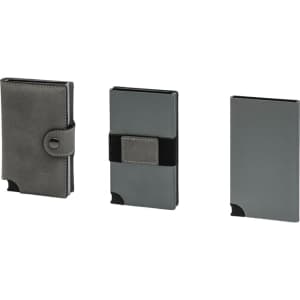 A grey vegan RFID wallet with three different styles and a logo. Features a sleek design and compact size.