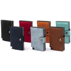 A collection of vegan RFID wallets in black, red, teal, brown, and other colours, featuring a button closure and branding.