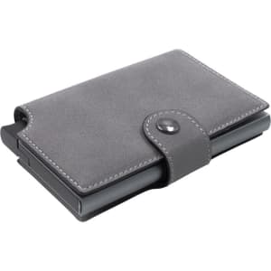 A grey vegan leather wallet with a button clasp and a slim design. It features a logo on the front.