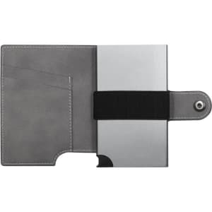 A grey vegan wallet featuring card slots and an elastic strap closure, with a logo on the exterior.