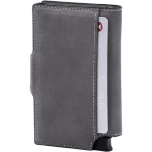 A grey vegan wallet with a sleek design displaying a card partially inserted and featuring a logo.