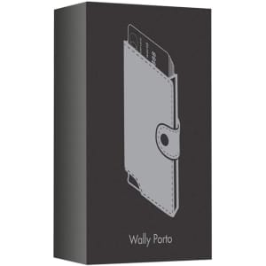 A grey vegan wallet with RFID protection displayed in a box featuring a simple design and a logo.