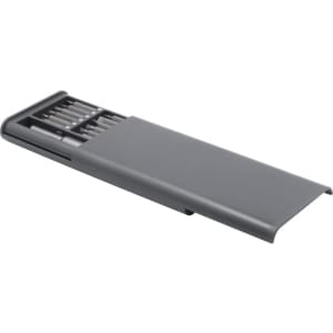 A grey precision tool kit featuring multiple attachable bits, housed in a sleek, compact case with a logo.