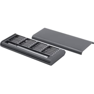 A grey precision tool kit with various screwdriver bits and a cover. It includes a compact, organised case.