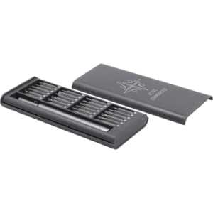 A precision tool kit in a grey case, featuring various tools and a logo on the cover.