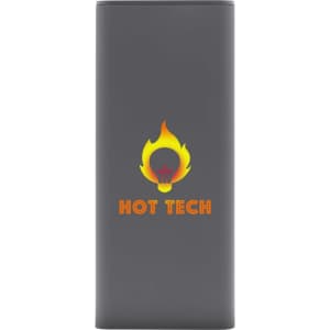 A grey power bank featuring a flame graphic and branding logo. Compact design suitable for portable charging.