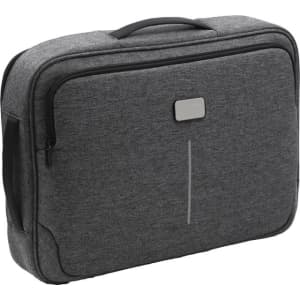 A grey hybrid computer bag with a sleek design, featuring a handle and zippered compartments, and includes a logo.