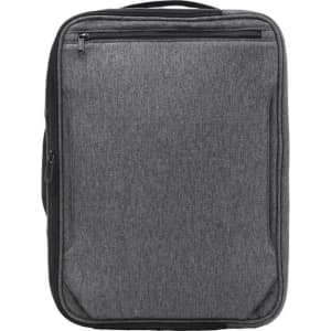 A grey laptop bag with a sleek design and a zippered front pocket, featuring a logo.