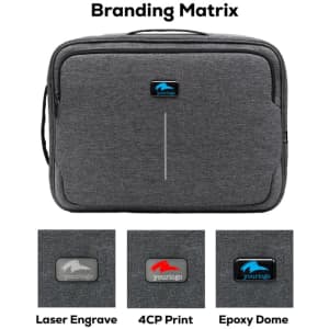 A grey laptop bag featuring a branding logo area, with options for laser engraving and print designs.