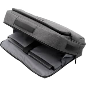 A grey hybrid computer bag with a zippered opening and padded compartments for laptops and accessories.
