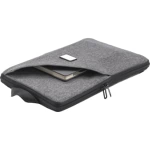 A grey laptop sling bag with a zip closure, containing a laptop inside. The bag features a branding logo.