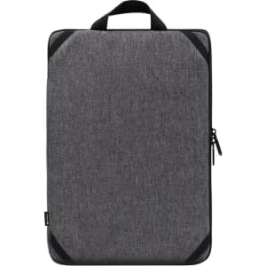 A grey laptop sling bag with a handle and black accents, featuring a zip closure and a logo.