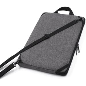 A grey laptop sling bag with a detachable strap and a zip closure, featuring a logo on the exterior.