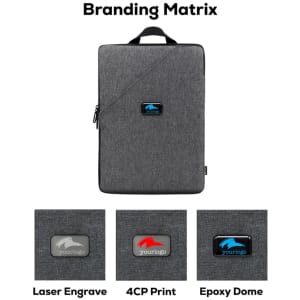 A grey laptop sling bag with a branding area at the front and a handle on top.