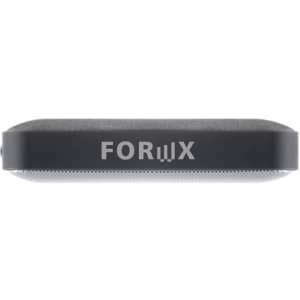A black wireless speaker with a sleek design and a branding logo on the front.