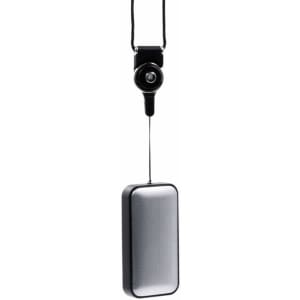A sleek black and silver wireless speaker, with a hanging strap for easy attachment. It features a logo.