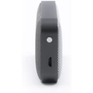 A side view of a black and grey Nano Vegan Wireless Speaker, featuring a sleek design and a small port.