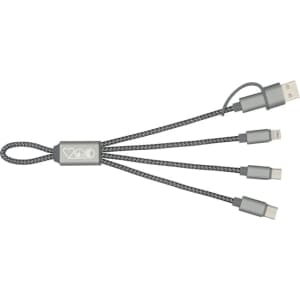 A grey charging cable with three connectors, featuring a braided design and a logo.