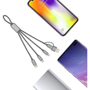 A charging cable in grey with multiple connectors, alongside two smartphones and a power bank.
