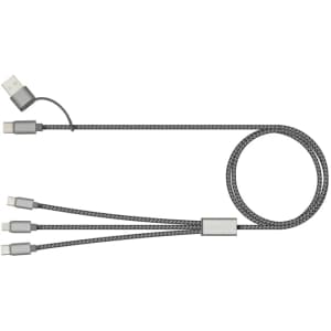 A charging cable with three connectors and a durable grey braided design, featuring a logo.