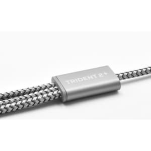 A grey and silver charging cable with a braided design, featuring branding on the connector.