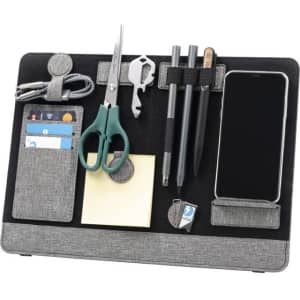 A grey laptop organiser featuring pens, scissors, a notepad, phone holder, and various compartments for cards and tools.