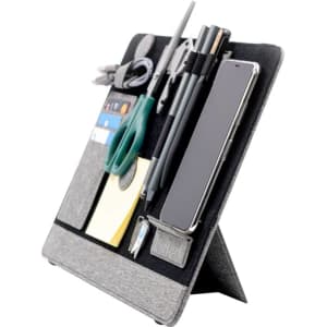 A grey clipboard organiser featuring pockets for stationery, a smartphone, and notepads. It includes pens and scissors.