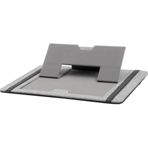 A grey clipboard organiser with a tablet stand, featuring a textured surface and elastic closure. It has a logo.