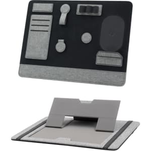 A grey and black clipboard organiser with compartments for stationery and a device holder. It features a logo.