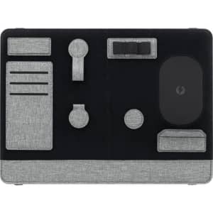 A grey and black laptop organiser features compartments for stationery and accessories, with a logo present.
