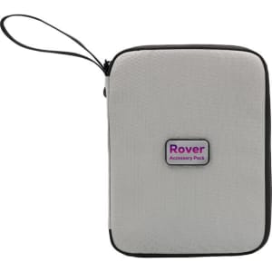 A grey travel wallet with a zippered closure and a loop handle, featuring a branding logo.