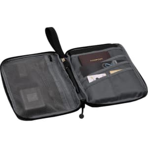 A black travel wallet with a mesh pocket, slots for cards, and a section for a passport. It has a handle.