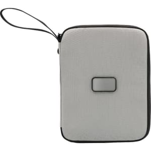 A light grey eco-friendly travel wallet with a zipper and a small branding logo on the front.