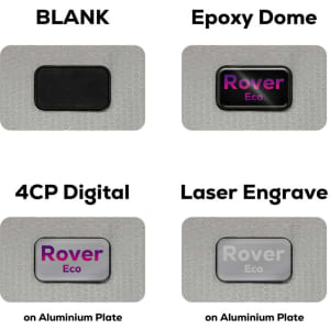 A collection of wallet design options including a blank, epoxy dome, 4CP digital, and laser engraved on aluminium plates.