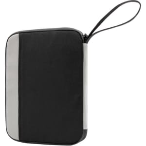 A black and grey travel wallet with a zip closure and carrying handle, featuring a branding logo.