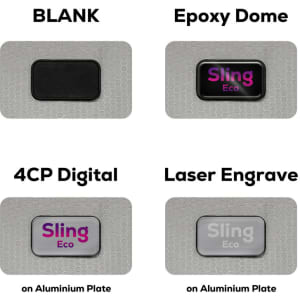 A variety of promotional plate designs featuring an epoxy dome, digital printing, and laser engraving on aluminium.