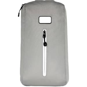 A grey eco bag with a zippered front pocket and a simple design. It features a logo on the surface.