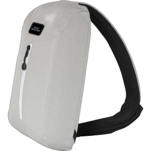 A grey Sling Eco Bag with a sleek design and a front zip pocket, featuring a black strap.