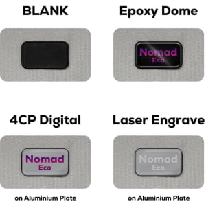 Four product options feature an aluminium plate with a textured background. Each has a different finish, including a blank version, epoxy dome, 4CP digital print, and laser engraving, displaying the "Nomad Eco" branding.