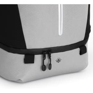A grey and black eco backpack featuring a hexagonal pattern and a zip closure at the top. It has a logo on the side.
