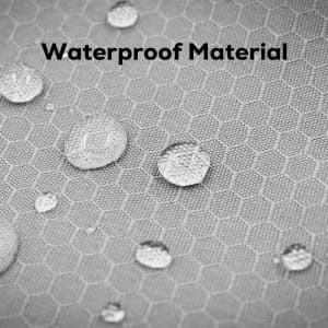 A close-up of waterproof material with water droplets on a textured, hexagonal pattern in light grey.